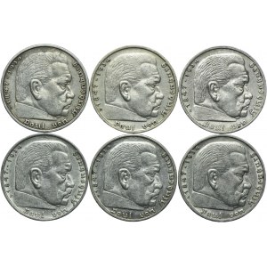 Niemcy, III Rzesza, zestaw 5 marek 1935 Paul von Hindenburg (6szt.)