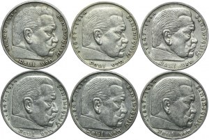 Germany, Third Reich, set of 5 marks 1935 Paul von Hindenburg (6pcs).