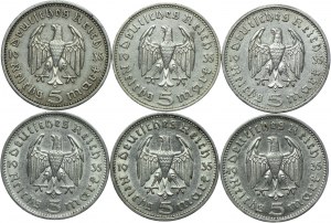 Germany, Third Reich, set of 5 marks 1935 Paul von Hindenburg (6pcs).