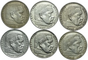 Germany, Third Reich, set of 5 marks 1936 Paul von Hindenburg (6pcs).