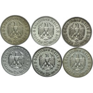 Niemcy, III Rzesza, zestaw 5 marek 1936 (6szt.)