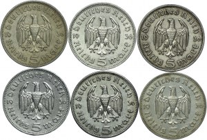 Germany, Third Reich, set of 5 marks 1936 Paul von Hindenburg (6pcs).
