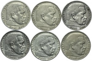 Germany, Third Reich, set of 5 marks 1936 Paul von Hindenburg (6pcs).