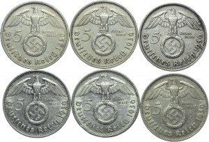 Germany, Third Reich, set of 5 marks 1936 Paul von Hindenburg (6pcs).