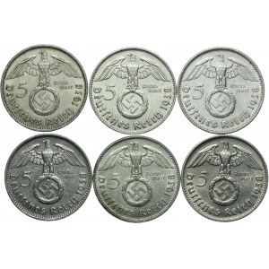 Niemcy, III Rzesza, zestaw 5 marek 1938 (6szt.)