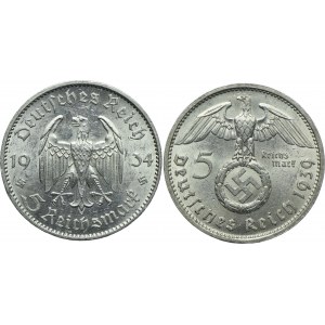 Niemcy, III Rzesza, 5 marek 1934 E/Muldenhütten, 1939 D/Monachium (2szt.)