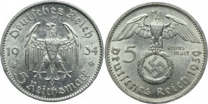 Germany, Third Reich, set of 5 marks 1934 E/Muldenhütten Church, 1939 D/Munich Paul von Hinderburg (2pcs).