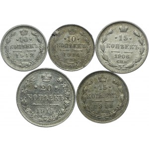 Rosja, Mikołaj II, zestaw 10, 15, 20 kopiejek 1906-1915, Petersburg (5szt.)