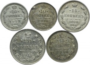 Russia, Nicholas II, set of 10, 15, 20 kopecks 1906-1915, St. Petersburg (5pcs).