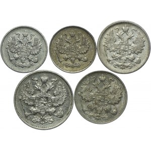 Rosja, Mikołaj II, zestaw 10, 15, 20 kopiejek 1906-1915, Petersburg (5szt.)