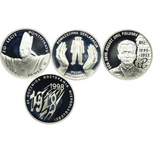 III RP, zestaw 10 złotych 1998 Jan Paweł II, Deklaracja Prawa Człowieka, August Emil Fieldorf, 80.rocz. Odzyskania Niepodległości (4szt.)