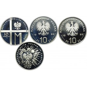 III RP, zestaw 10 złotych 1998 Jan Paweł II, Deklaracja Prawa Człowieka, August Emil Fieldorf, 80.rocz. Odzyskania Niepodległości (4szt.)