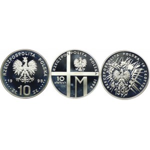 III RP, zestaw 10 złotych 1998 Nagano, 20-lecie Pontyfikatu, 80. rocz. Odzyskania Niepodległości (3szt.)