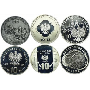 Zestaw III RP, 10 złotych 2000 30.rocz.Grudnia'70, Wielki Jubileusz, 1000-lecie Wrocławia, Solidarność, Muzeum Polskie w Rapperswilu, Zjazd w Gnieźnie (6szt.)
