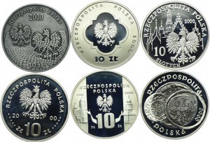 Set of III RP, 10 zloty 2000 30.anniversaries.of Grudnia'70, Great Jubilee, 1000th anniversary of Wroclaw, Solidarity, Polish Museum in Rapperswil, Gniezno Convention (6pcs).