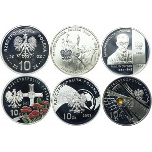 Zestaw III RP, 10 złotych 2002 August II Mocny, Pontifex - Maximus, Bronisław Malinowski, Władysław Andrers, MŚ Korea - Japonia (6szt.)