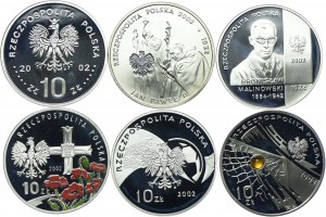Third Republic set, 10 gold 2002 August II the Strong, Pontifex - Maximus, Bronislaw Malinowski, Wladyslaw Andrers, Korea - Japan World Cup (6pcs).