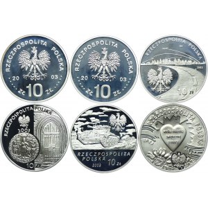 Zestaw III RP, 10 złotych 2003 Stanisław Leszczyński (półpostać, popiersie), Przemysł Naftowy, Lokacja Poznania, Stanisław Maczek, WOŚP (6szt.)