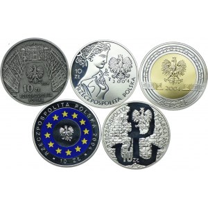 III RP, zestaw 10 złotych 2004 ASP, Ateny 2004 (zwykła, platerowana), Wstąpienie Polski do Unii, Powstanie Warszawskie (5szt.)