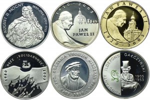 Set of III RP, 10 zloty 2005 August II the Strong, John Paul II ( plain and plated), Solidarity, Mikolaj Rej, Konstanty Ildefons Galczynski (6pcs).