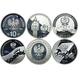 Zestaw III RP, 10 złotych 2005 August II Mocny, Jan Paweł II ( zwykła oraz platerowana), Solidarność, Mikołaj Rej, Konstanty Ildefons Gałczyński (6szt.)