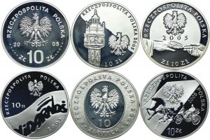 Set of III RP, 10 zloty 2005 August II the Strong, John Paul II ( plain and plated), Solidarity, Mikolaj Rej, Konstanty Ildefons Galczynski (6pcs).