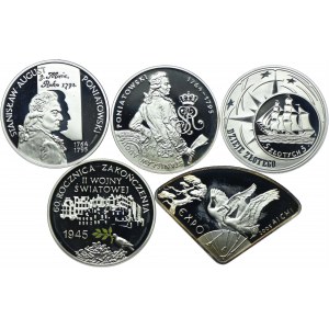 Zestaw III RP, 10 złotych 2005 Stanisław August Poniatowski (popiersie, półpostać), Dzieje Złotego- Żaglowiec, 60. rocz. Zakończenia II Wojny Światowej, EXPO (5szt.)