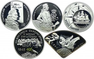 Third Republic Set, 10 zloty 2005 Stanislaw August Poniatowski (bust, half-figure), History of the Golden-Sailor, 60th Anniversary of the End of World War II, EXPO (5pcs.)