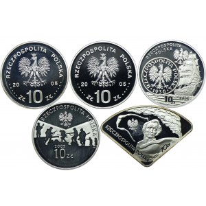 Zestaw III RP, 10 złotych 2005 Stanisław August Poniatowski (popiersie, półpostać), Dzieje Złotego- Żaglowiec, 60. rocz. Zakończenia II Wojny Światowej, EXPO (5szt.)