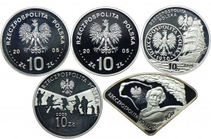 Third Republic Set, 10 zloty 2005 Stanislaw August Poniatowski (bust, half-figure), History of the Golden-Sailor, 60th Anniversary of the End of World War II, EXPO (5pcs.)