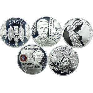 III RP, zestaw 10 złotych 2008 40. rocz. Marca'68, Bronisław Piłsudski, Zbigniew Herbert, 90. rocz. Powstania Wielkopolskiego, 450 lat Poczty Polskiej (5szt.)