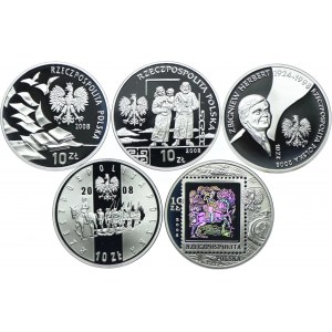III RP, zestaw 10 złotych 2008 40. rocz. Marca'68, Bronisław Piłsudski, Zbigniew Herbert, 90. rocz. Powstania Wielkopolskiego, 450 lat Poczty Polskiej (5szt.)