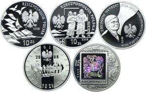 Third Republic, set of 10 gold 2008 40th Anniversary of March'68, Bronislaw Pilsudski, Zbigniew Herbert, 90th Anniversary of the Wielkopolska Uprising, 450 years of the Polish Postal Service (5pcs.)