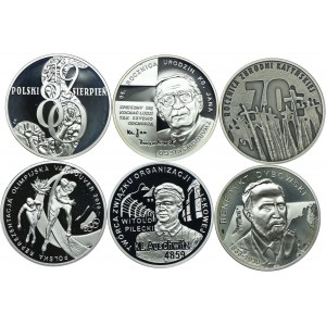 III RP, zestaw 10 złotych 2010 Polski Sierpień, 95. rocz. Urodzin Ks. Jana Twardowskiego, 70. rocz. Zbrodni Katyńskiej, Vancouver 2010, Auschwitz, Benedykt Dybowski (6szt.)