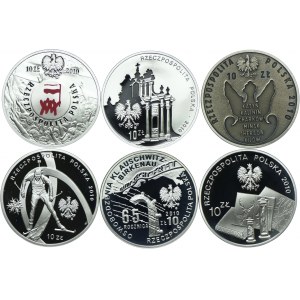 III RP, zestaw 10 złotych 2010 Polski Sierpień, 95. rocz. Urodzin Ks. Jana Twardowskiego, 70. rocz. Zbrodni Katyńskiej, Vancouver 2010, Auschwitz, Benedykt Dybowski (6szt.)