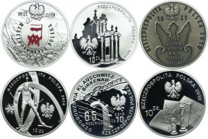 Third Republic Set, 10 zloty 2010 Polish August, 95th Anniversary of Father Jan Twardowski's Birth, 70th Anniversary of the Katyn Massacre, Vancouver 2010, Auschwitz, Benedict Dybowski (6pcs.)