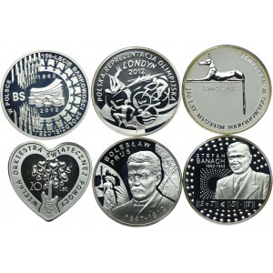 Zestaw III RP, 10 złotych 2012 150-lecie Bankowości Spółdzielczej, Londyn 2012, 150 lat Muzeum Narodowego w Warszawie, WOŚP, Bolesław Prus, Stefan Banach (6szt.)