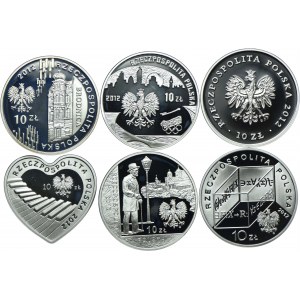 Zestaw III RP, 10 złotych 2012 150-lecie Bankowości Spółdzielczej, Londyn 2012, 150 lat Muzeum Narodowego w Warszawie, WOŚP, Bolesław Prus, Stefan Banach (6szt.)