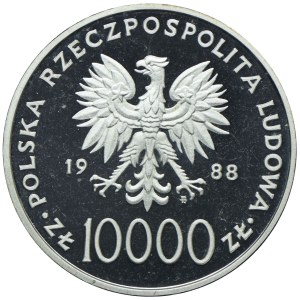 PRL, 10.000 złotych 1988 Jan Paweł II, cienki krzyż