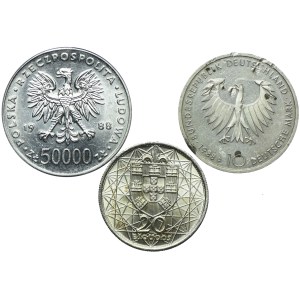 Zestaw monet srebrnych, 50.000 złotych 1988 Józef Piłsudski, Niemcy 10 marek 1988 Artur Schopenhauer, Portugalia 20 escudos1966 (3szt.)