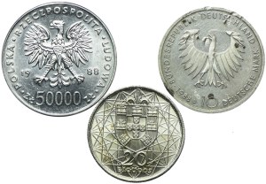 Set of silver coins, 50,000 gold 1988 Jozef Pilsudski, Germany 10 marks 1988 Artur Schopenhauer, Portugal 20 escudos1966 (3pcs).