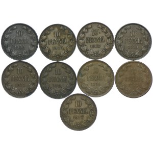 Finlandia, okupacja rosyjska, zestaw 10 pennia 1900-1917 (9szt.)