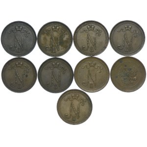 Finlandia, okupacja rosyjska, zestaw 10 pennia 1900-1917 (9szt.)