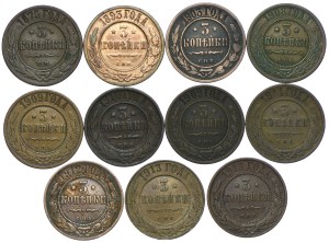 Russia, set of 3 kopecks 1875-1913 (11pcs.)