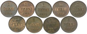Finland, Russian occupation, set of 1 penni 1899-1917 (9pcs).