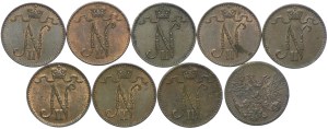 Finland, Russian occupation, set of 1 penni 1899-1917 (9pcs).