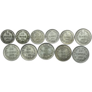 Finlandia, okupacja rosyjska, 25, 50 pennia 1890-1917 (11szt.)