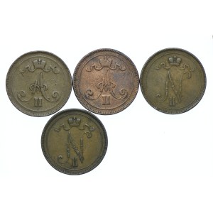 Finlandia, okupacja rosyjska, zestaw 10 pennia 1865-1897 (4szt.)