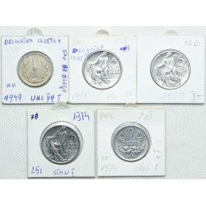 Zestaw PRL, 1, 2, 5 złotych 1949-1974 (5szt.)