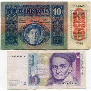 Austria 10 koron 1915 (1919), Niemcy 10 marek 1993 (2szt.)